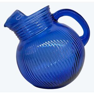 Hazel Atlas Cobalt Blue Ribbed Depression Glass Tilted Handled Pitcher